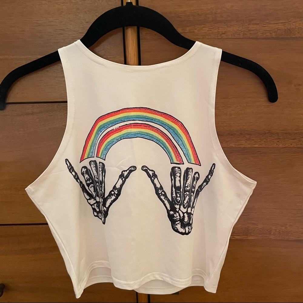 White tank with rainbow and skull hands
